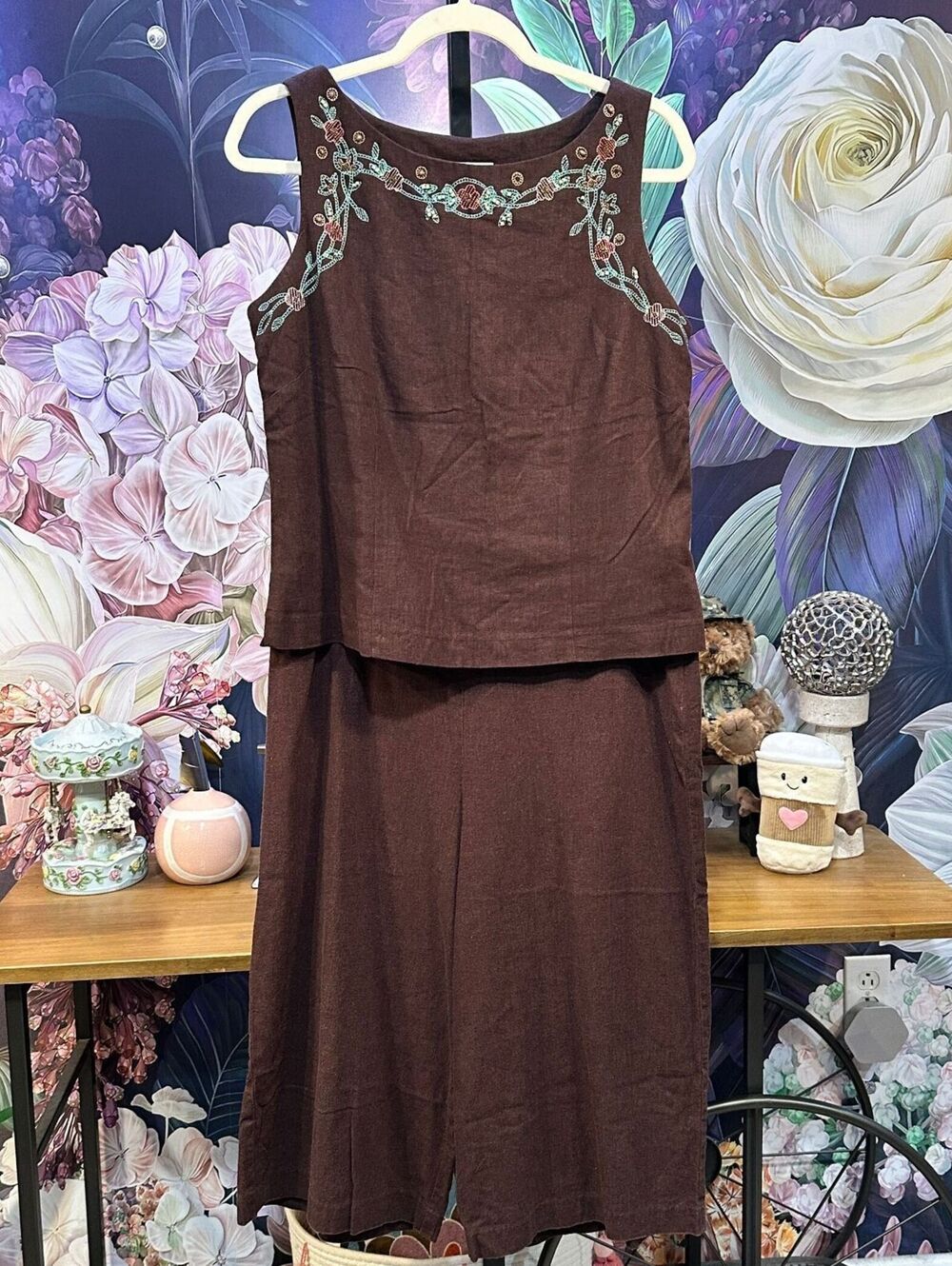 Miss Dorby 12P Brown Linen Blend 2 Piece Set Embroidered Top Wide Leg Pants Boho